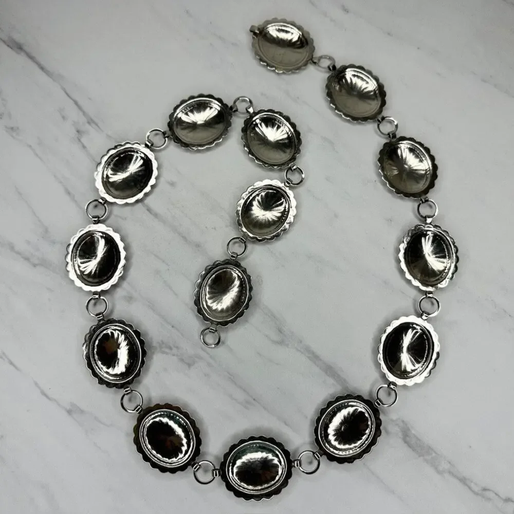 Womens Silver Tone Oval Concho Ribbed Dome Chain Belt Small/Medium (S/M) ✨